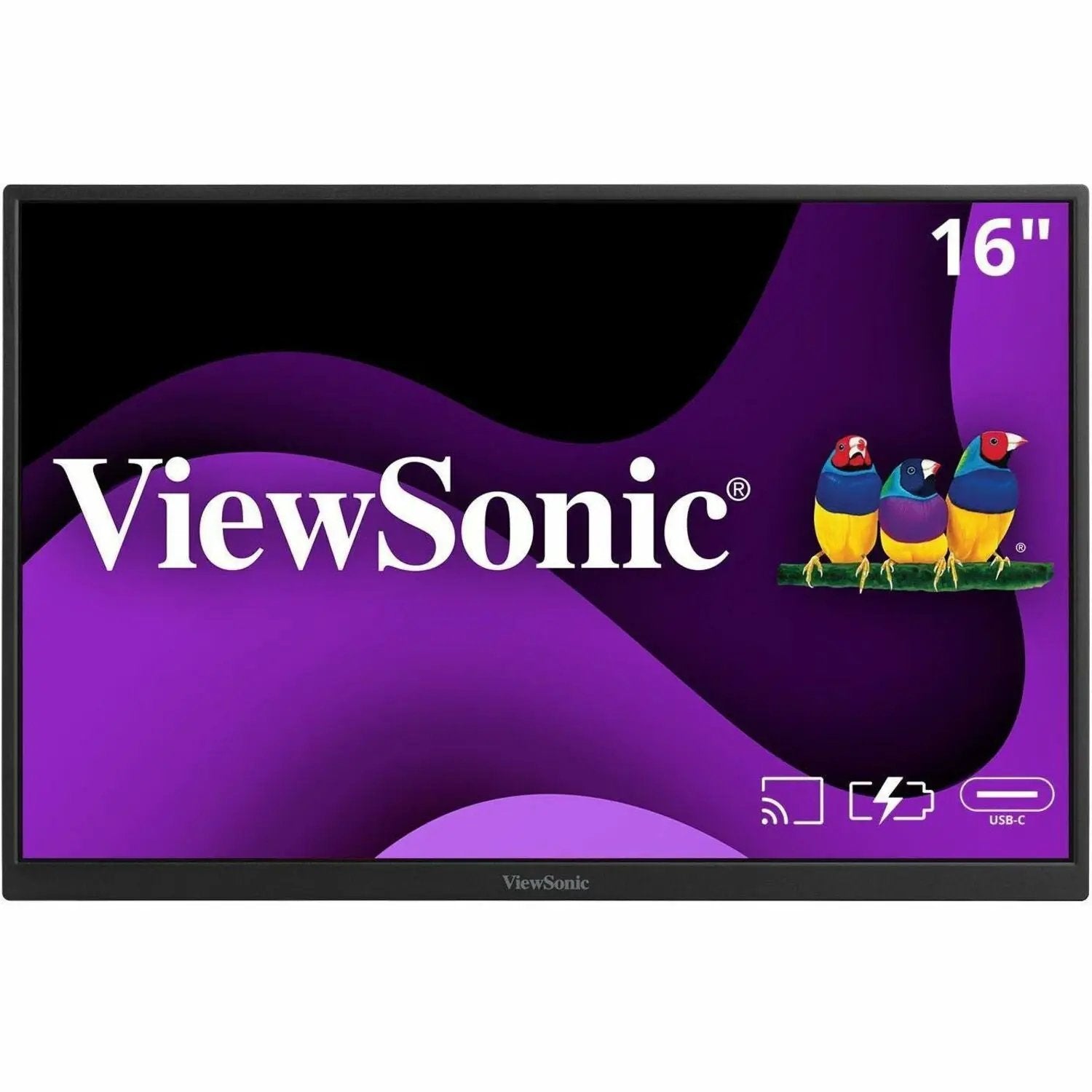 ViewSonic VG1656N 16-inch monitor with black bezel, front view, brand logo on bottom bezel, purple wallpaper.
