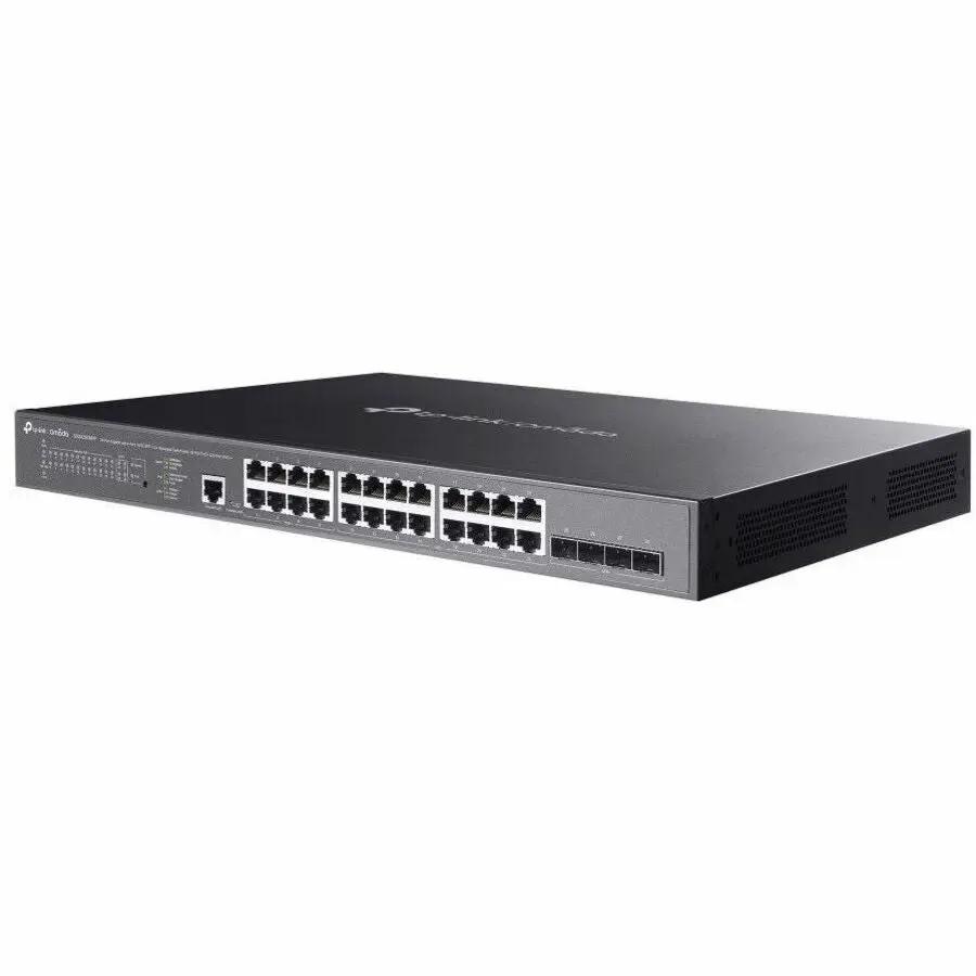 TP-Link Omada 24-Port PoE+ SFP+ managed switch, all-metal chassis with 24 PoE RJ-45 ports and SFP+ uplinks.
