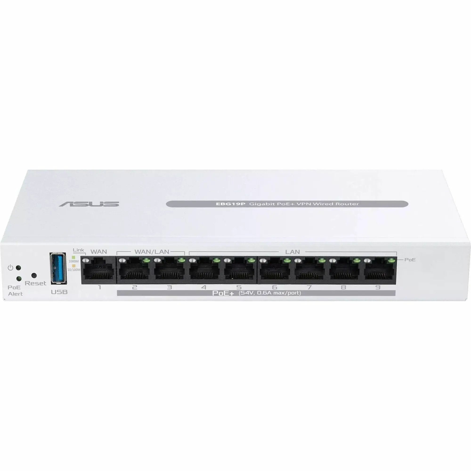 ASUS ExpertWiFi EBG19P 8-Port Gigabit PoE+ wired router, white chassis with PoE ports