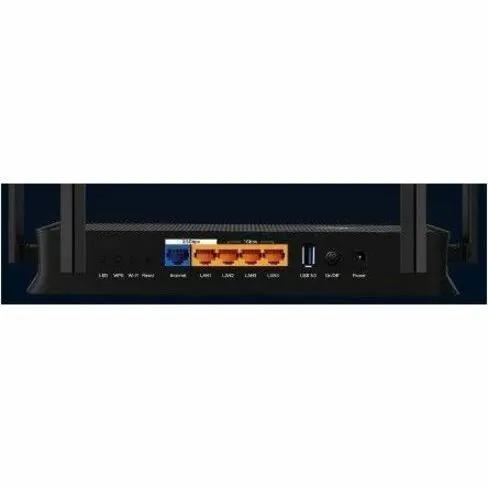 TP-Link Archer BE3600 router back panel with five 2.5GbE Ethernet ports (orange) and a blue USB 3.0 port.