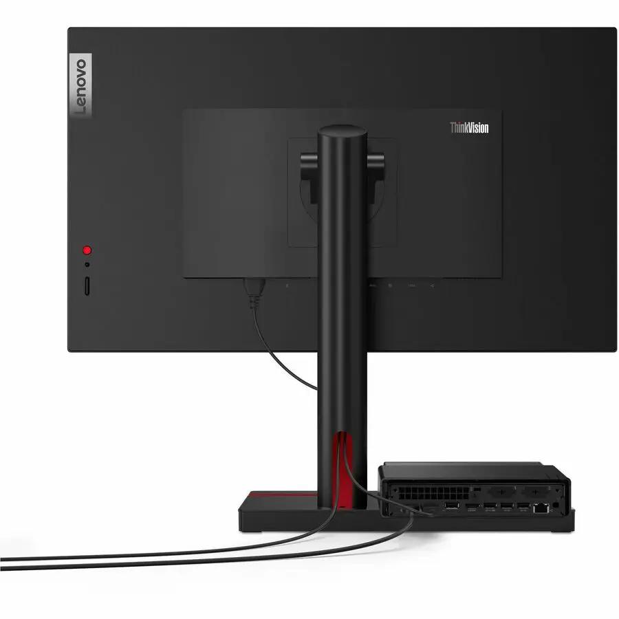 Lenovo ThinkCentre M90q Gen 5 mini desktop in black with 16GB RAM and 512GB SSD, shown with ThinkVision monitor