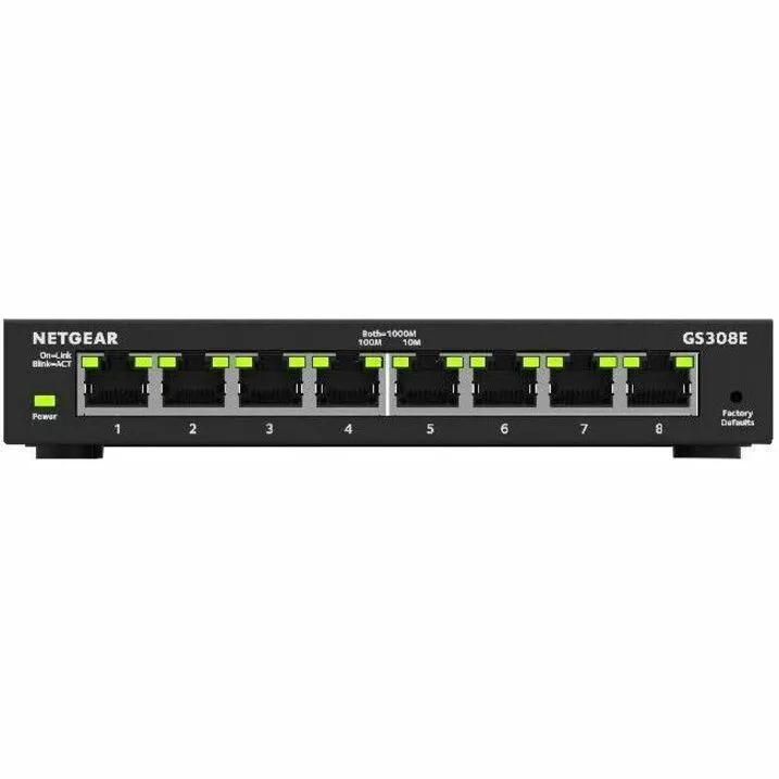 Netgear ProSafe GS108 8-port gigabit unmanaged switch, black chassis with green LEDs