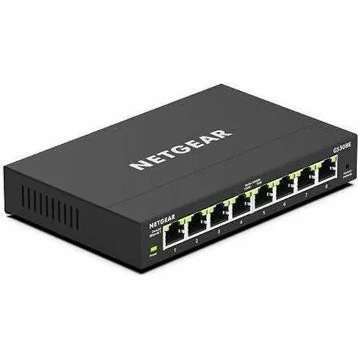 NETGEAR ProSafe GS108 8-Port Gigabit Unmanaged Switch, black chassis with 8 LED-lit RJ45 ports