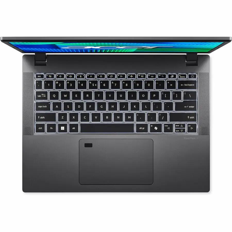 Acer TravelMate P2 14 notebook, dark gray chassis, top-down view of keyboard and touchpad.
