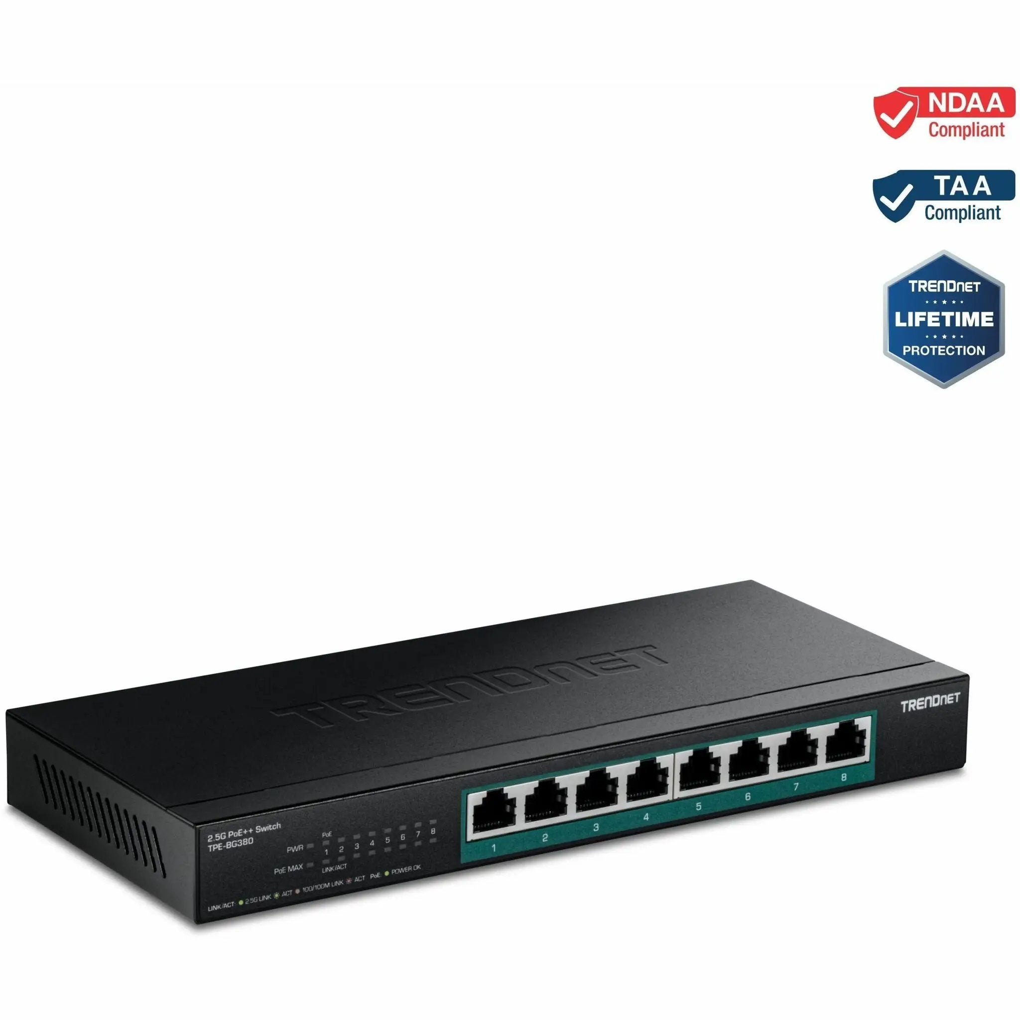 TRENDnet 8-Port 2.5G PoE++ Switch, black metal network switch with 8 ports