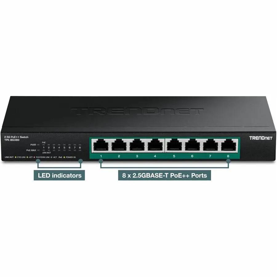 TRENDnet 8-Port 2.5G PoE++ switch with black housing and teal port frame
