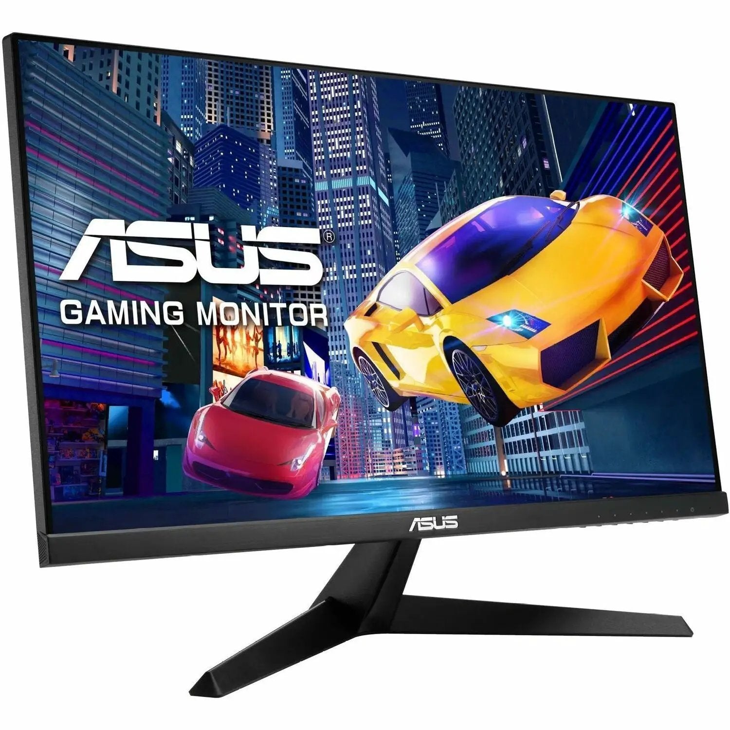 ASUS VY249HGR 24-inch gaming monitor with IPS panel and black stand, displaying neon-city game artwork.