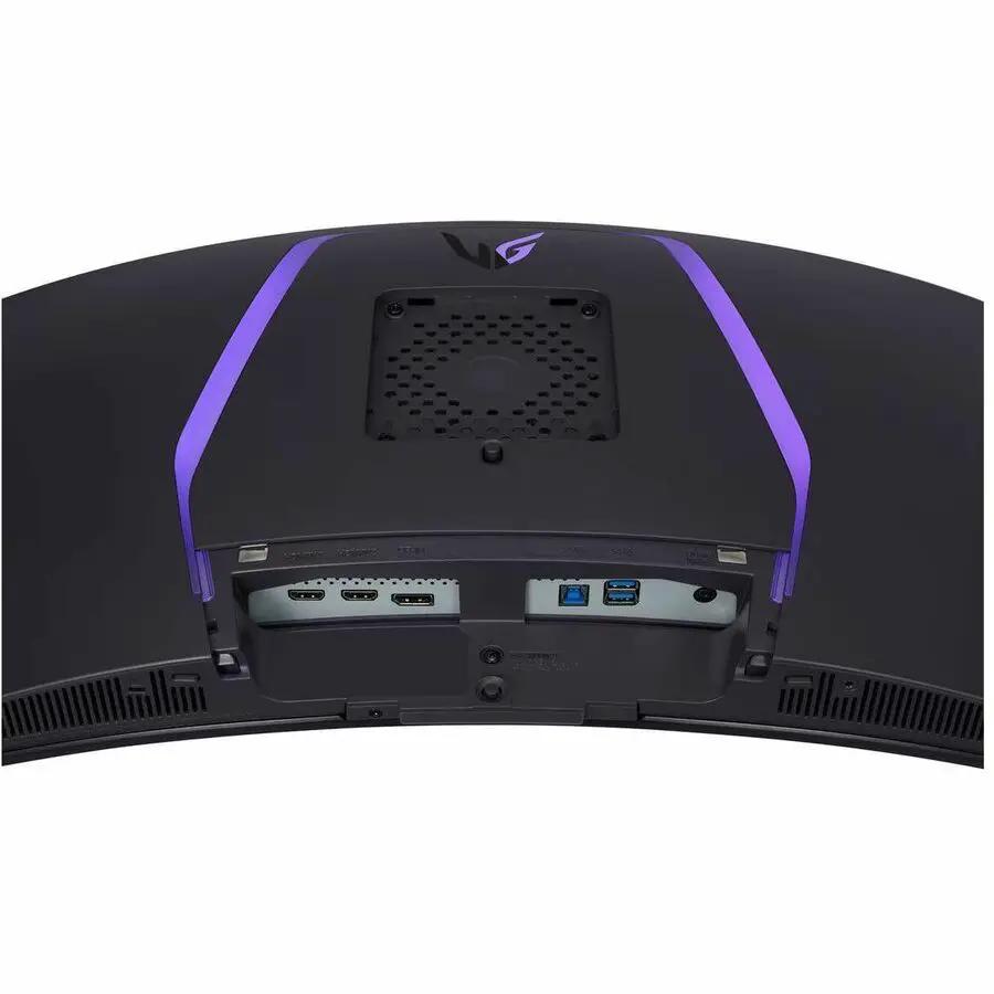 LG UltraGear 34GS95QE-B 34-inch UW-QHD OLED gaming monitor, back view with purple accents and exposed I/O ports