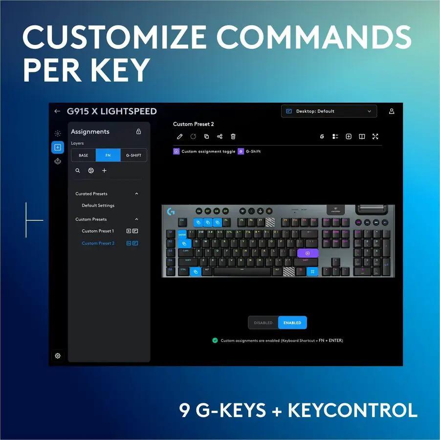 Logitech G915 X LIGHTSPEED Low-Profile Wireless Gaming Keyboard, Double-Shot PBT Keycaps, Fully Programmable Keys, RGB Backlighting, Sleek Aluminum Finishing, GL Blue Clicky Switches - PC/Mac