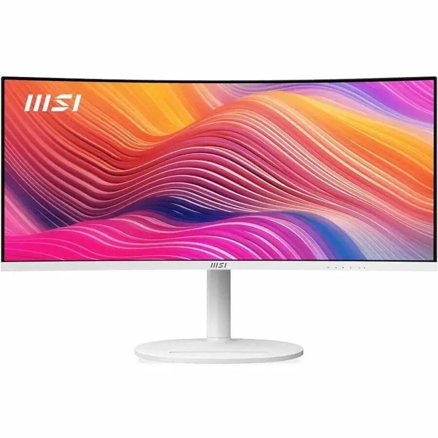 MSI Modern MD342CQPW 34-inch UW-QHD curved monitor with white bezel and stand.