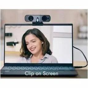 ROCWARE RC08 webcam, black, clipped to laptop screen on desk