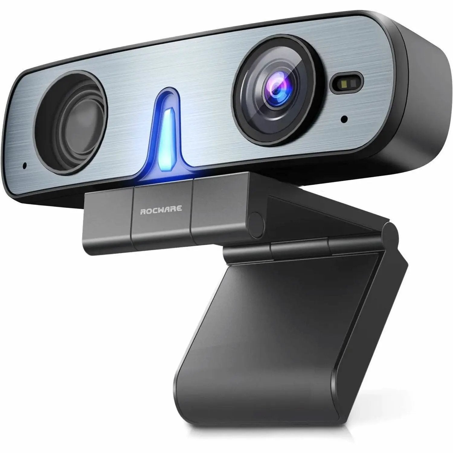 ROCWARE RC08 webcam on adjustable monitor stand; silver brushed front with blue LED