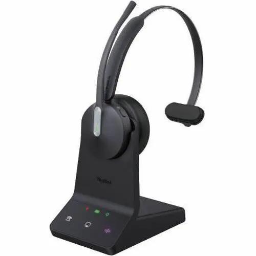 Yealink WH64 Hybrid Mono UC headset on charging stand, black