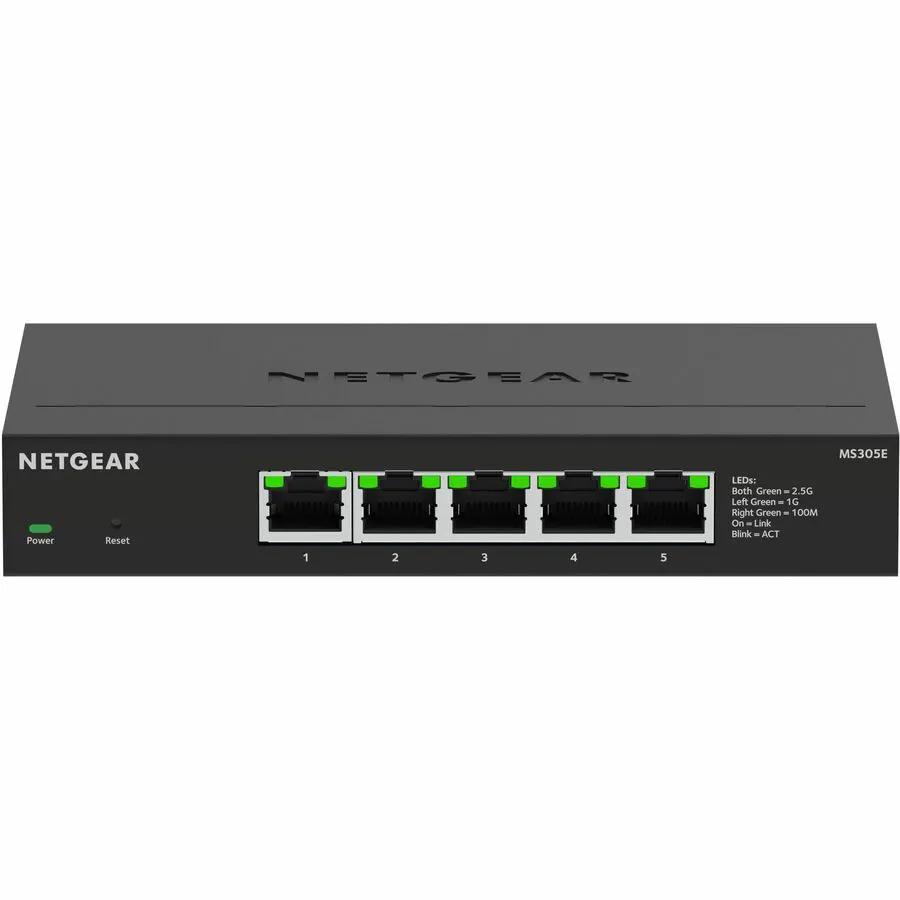 NETGEAR MS305E 5-Port 2.5G Managed Switch in black with green LEDs
