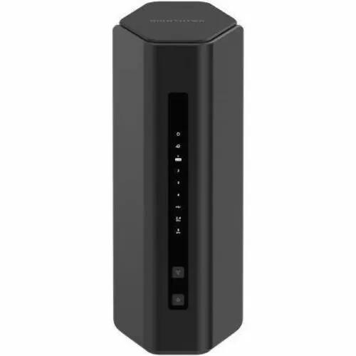 Netgear Nighthawk RS200 Wi-Fi 7 router black upright with vertical LED indicator strip
