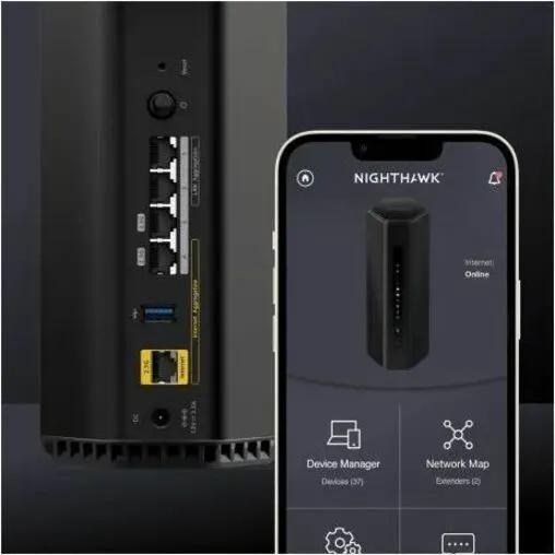 Netgear Nighthawk RS200 Gigabit Wi-Fi 7 router and smartphone on desk with app UI