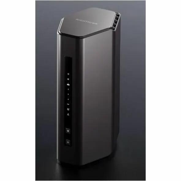 NETGEAR Nighthawk RS200 router, black tower-style wireless router with front LED indicators.
