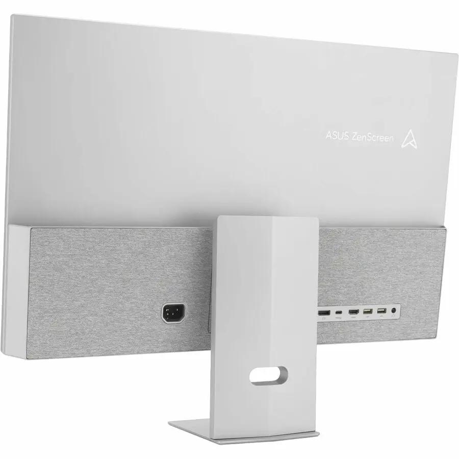 ASUS ZenScreen MS27UC 27-inch 4K UHD IPS monitor on white stand, rear ports visible.
