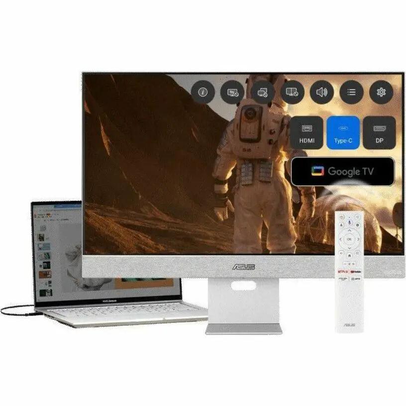 ASUS ZenScreen MS27UC 27-inch 4K UHD IPS monitor in silver with laptop and remote