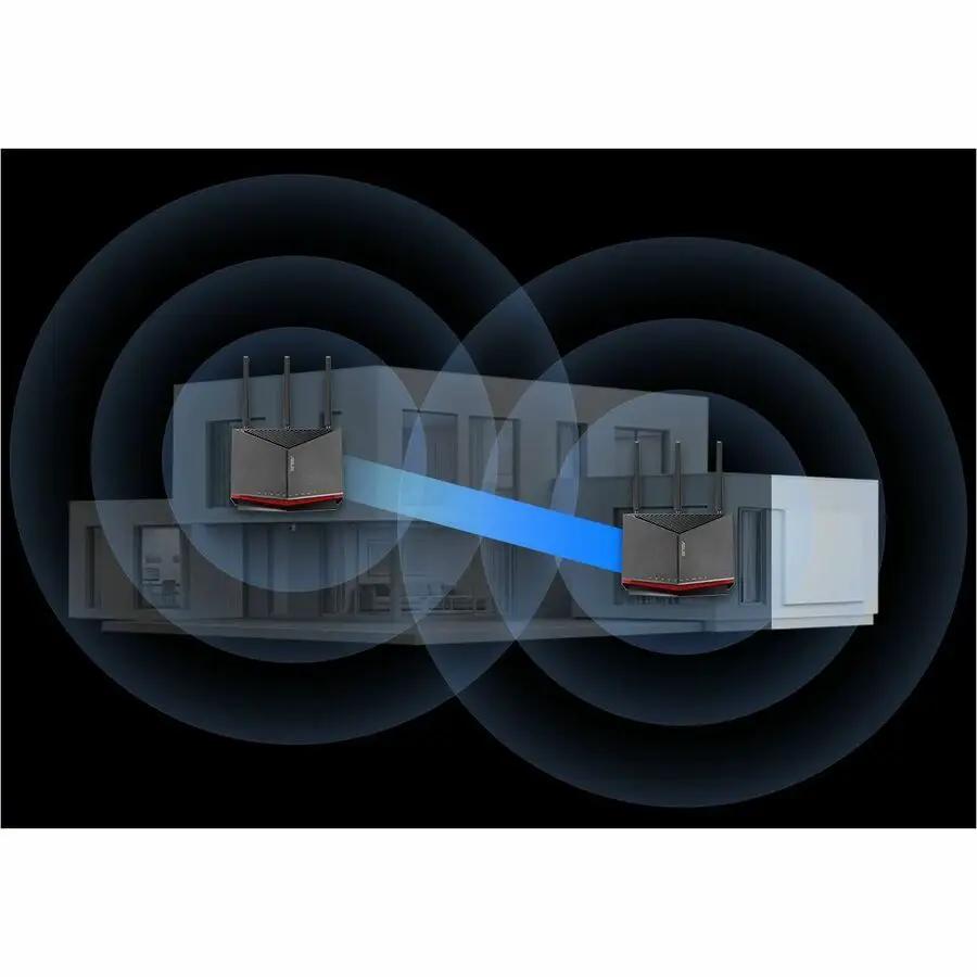 ASUS RT BE86U Gigabit Managed Router (2 units) with blue Wi-Fi beam on dark background