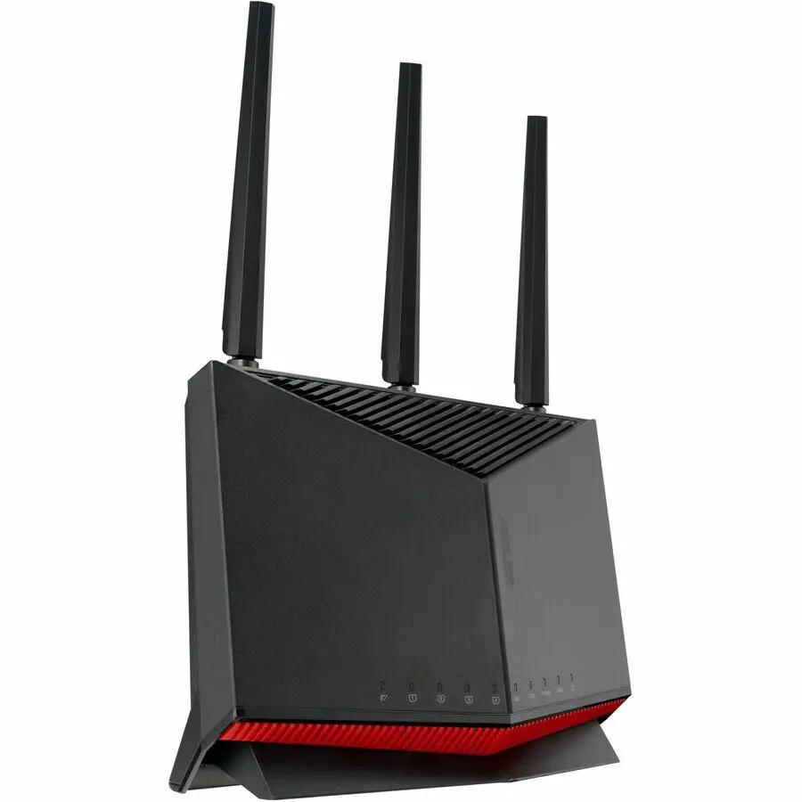 ASUS RT-BE86U router with three external antennas, black angular chassis and red base.