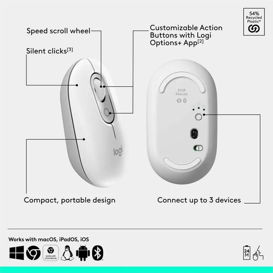 Logitech POP Mouse, Compact and Portable Wireless Bluetooth Mouse With Programmable Buttons and Quiet Clicks, Easy-Switch Between up to 3 Devices, Off-White