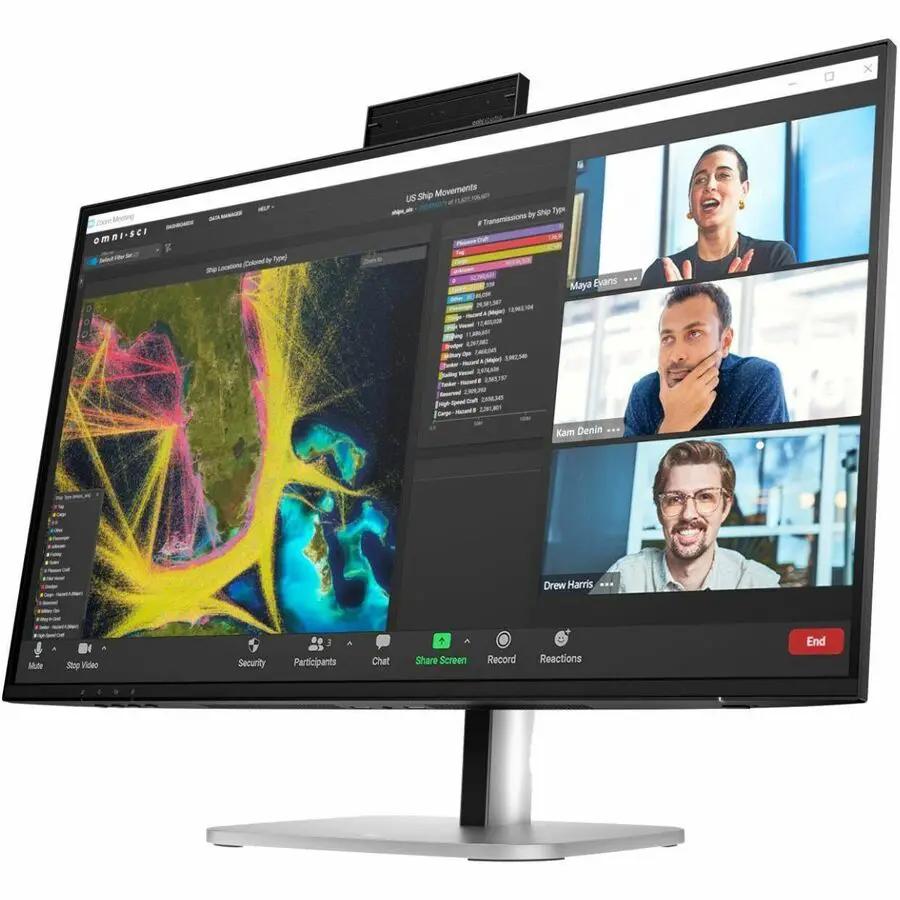 HP 527pm 27-inch WQHD LCD monitor with black bezel and silver stand, showing a video conference UI.