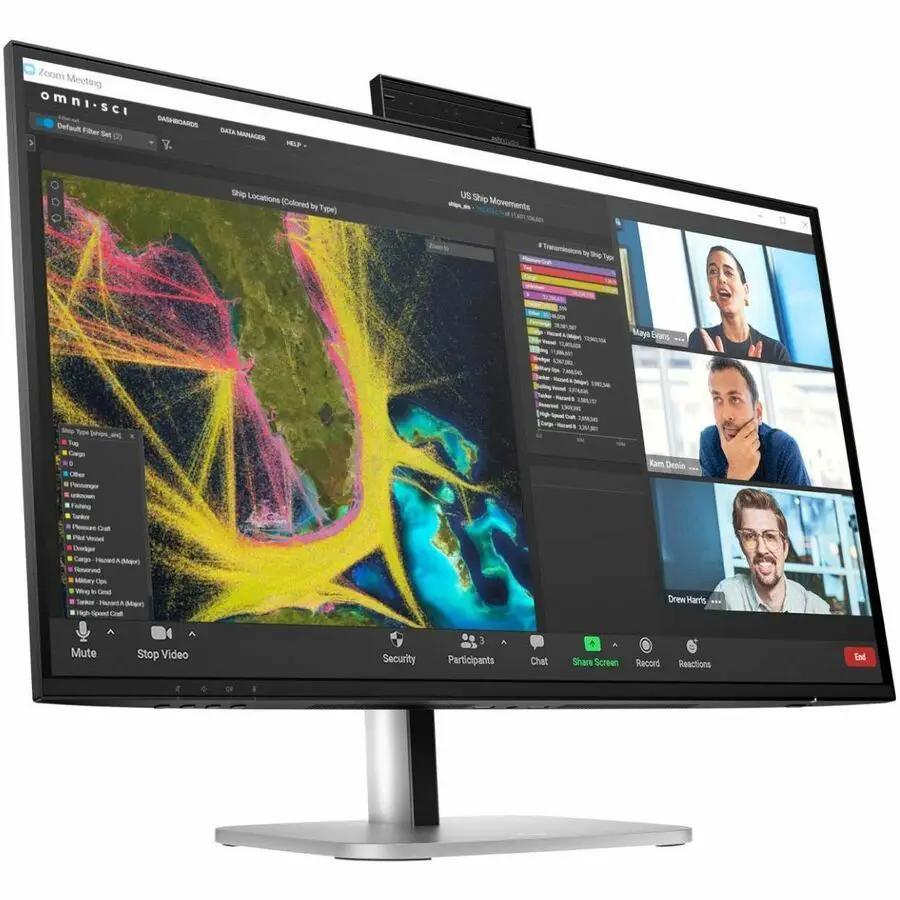HP 527pm 27-inch WQHD LCD monitor on a silver stand with black bezel; Zoom meeting UI on screen.