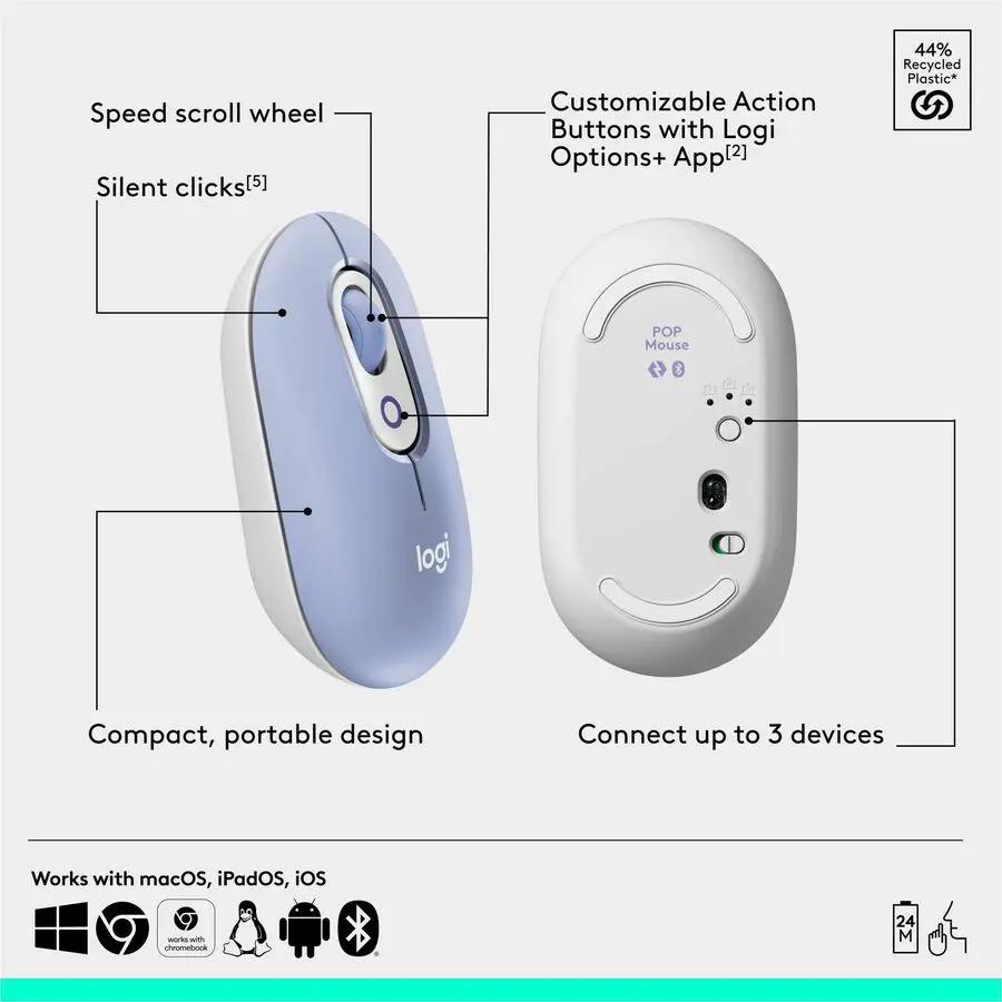 Logitech POP ICON COMBO, Bluetooth Keyboard and Mouse Combo, Comfortable Typing, Programmable Keys and Buttons, Quiet Clicks (Lilac & Off-white)