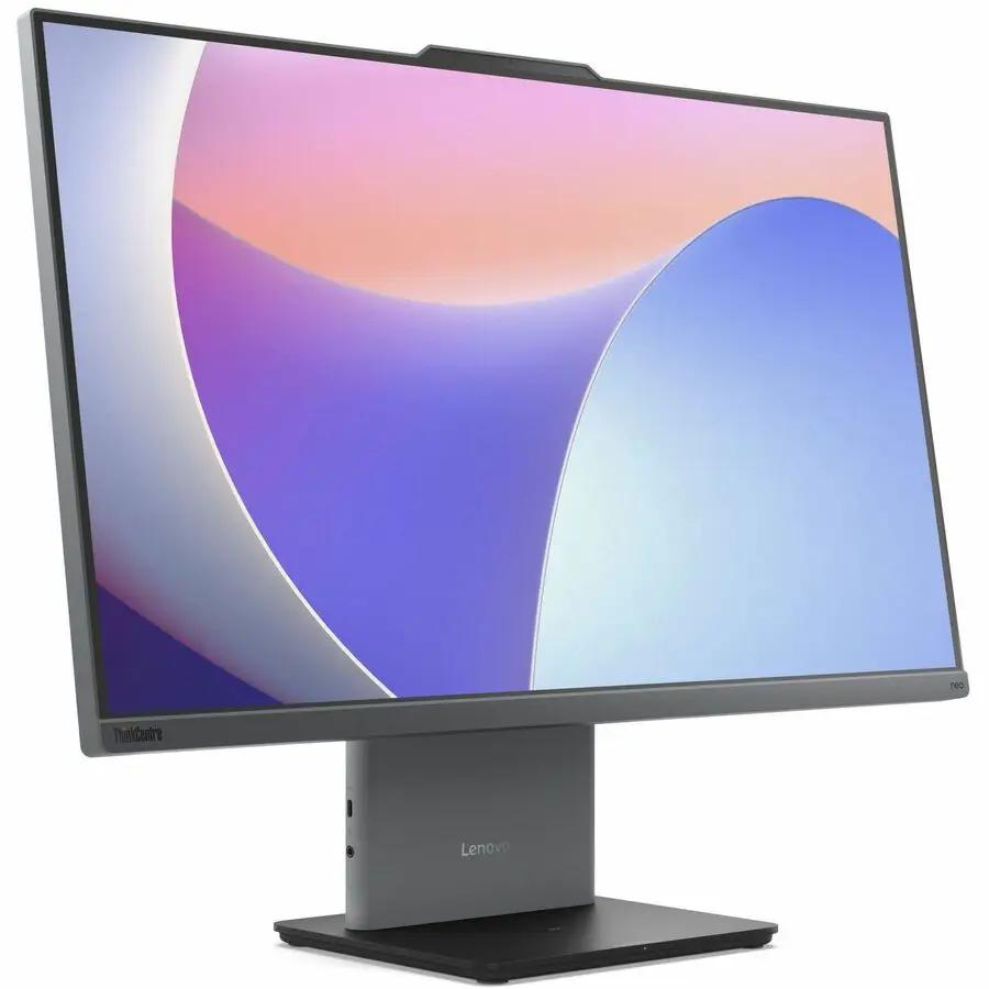 Lenovo ThinkCentre Neo 50a 27 Gen 5 all-in-one computer with a 27-inch display on a gray stand.