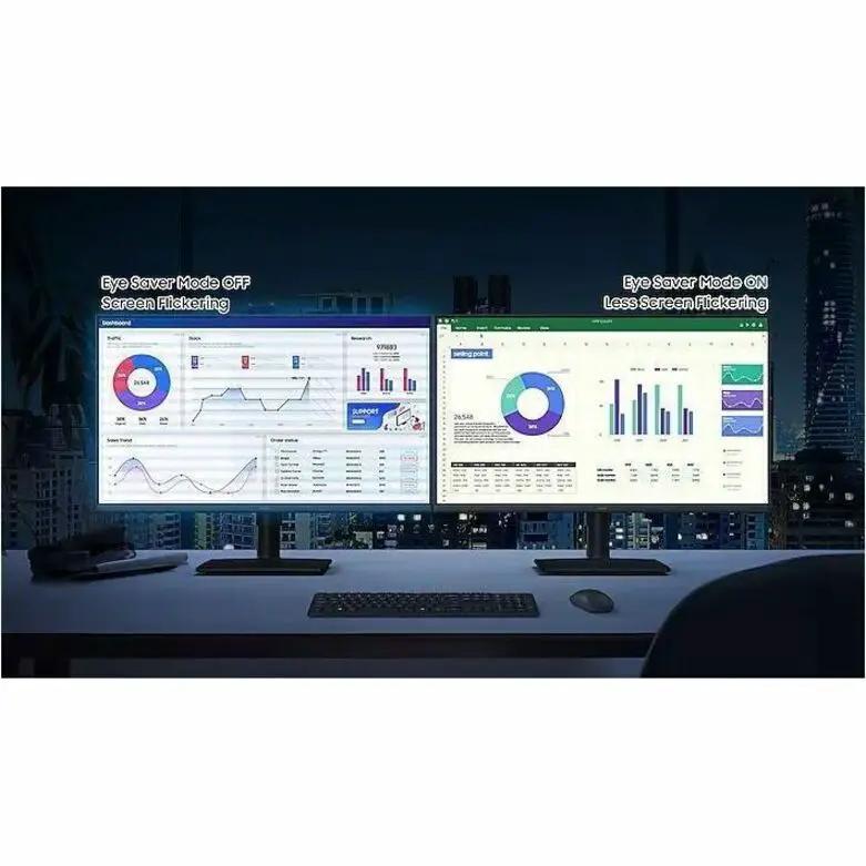 Samsung Essential S4 S27D402GAN 27-inch IPS monitor, black, dual-monitor setup on a desk with keyboard and mouse