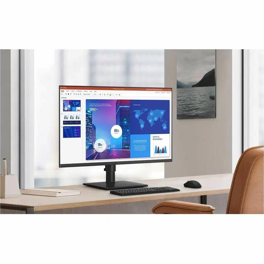 Samsung Essential S4 S27D402GAN 27-inch IPS monitor on desk with keyboard and mouse