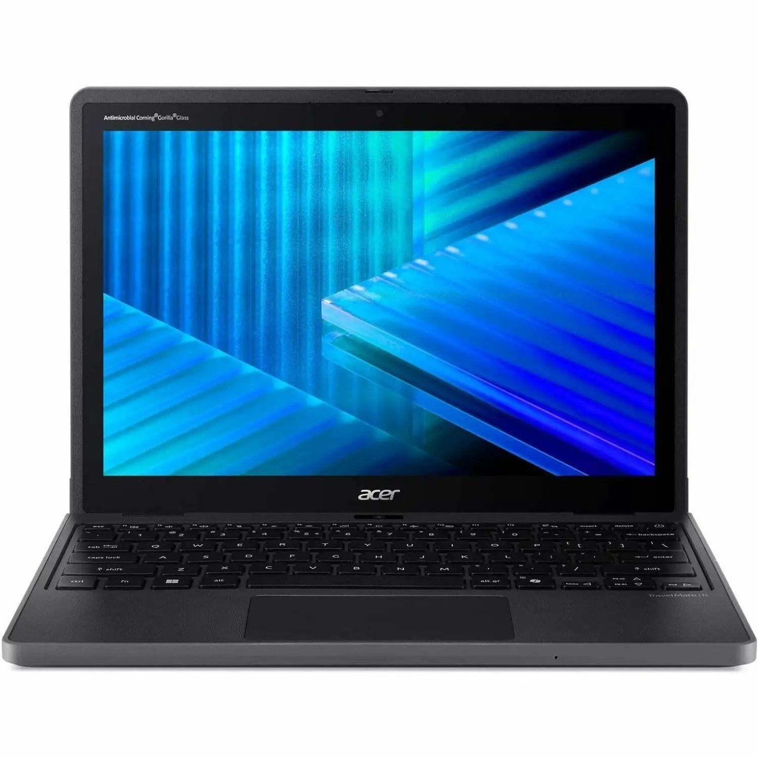 Acer TravelMate B3 Spin 12 2-in-1 laptop, black chassis, 12.2-inch touchscreen.