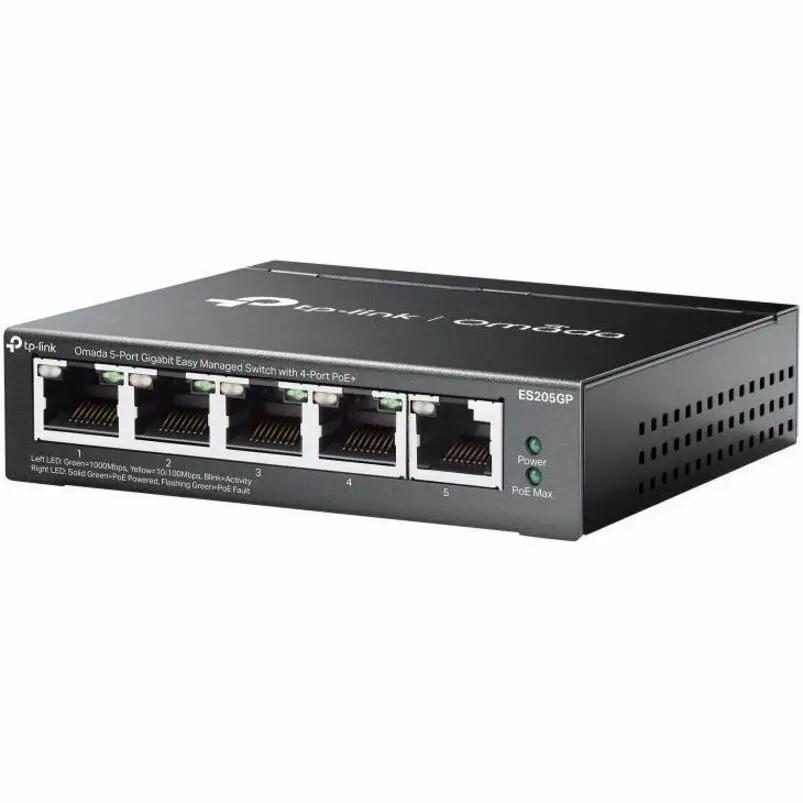 TP-Link Omada 5-Port Gigabit PoE+ Managed Switch ES205GP, front view with 5 RJ-45 ports