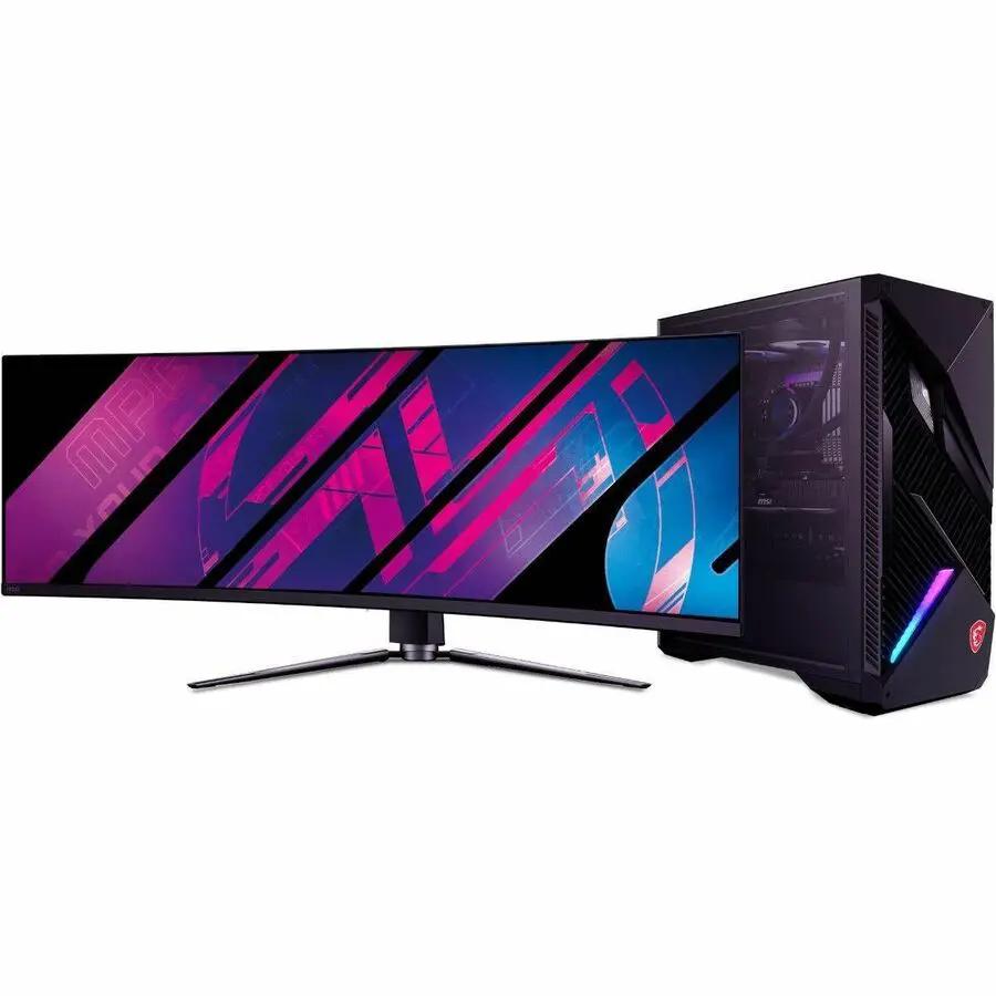 MSI MPG 491CQPX 49-inch DQHD QD-OLED curved gaming monitor and PC tower, metallic black