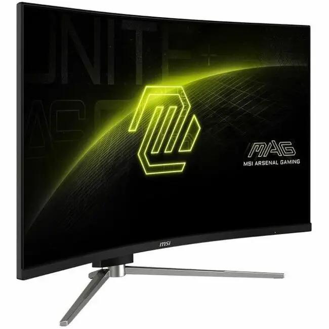 MSI MAG 325CQRXF E2 32-inch curved gaming monitor with black frame and silver stand