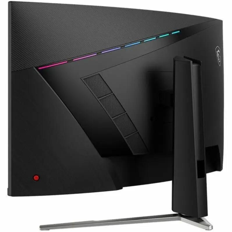 MSI MAG 325CQRXF E2 32-inch curved gaming monitor with black chassis and RGB light bar on a silver stand
