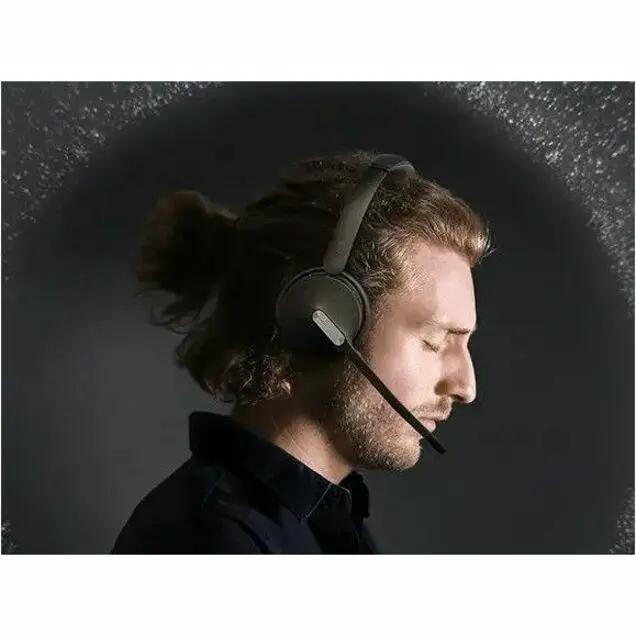 Yealink BH70 Mono UC USB-C/A headset, black, single-ear, worn by a person in profile