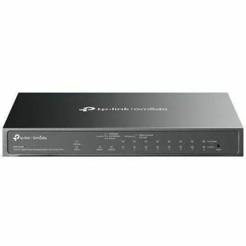 TP-Link Omada 10 Port Gigabit PoE+ SFP Managed Switch on white background, black metal chassis