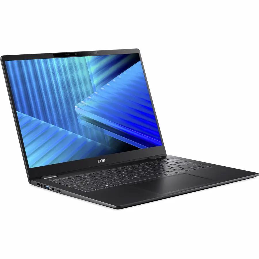 Acer TravelMate P6 14 AI notebook, black, opened on white background