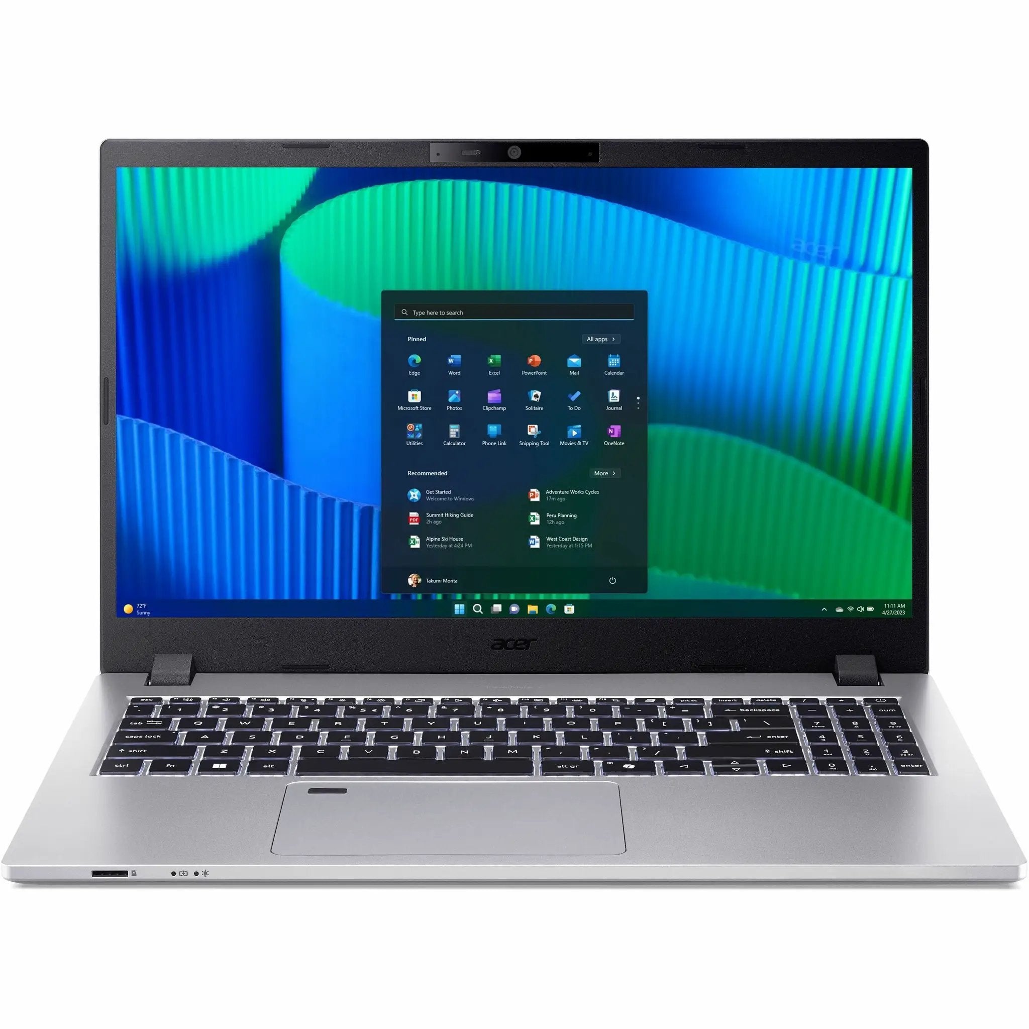 Acer TravelMate P2 laptop, 15.6-inch Full HD, silver chassis with black keyboard, screen open.