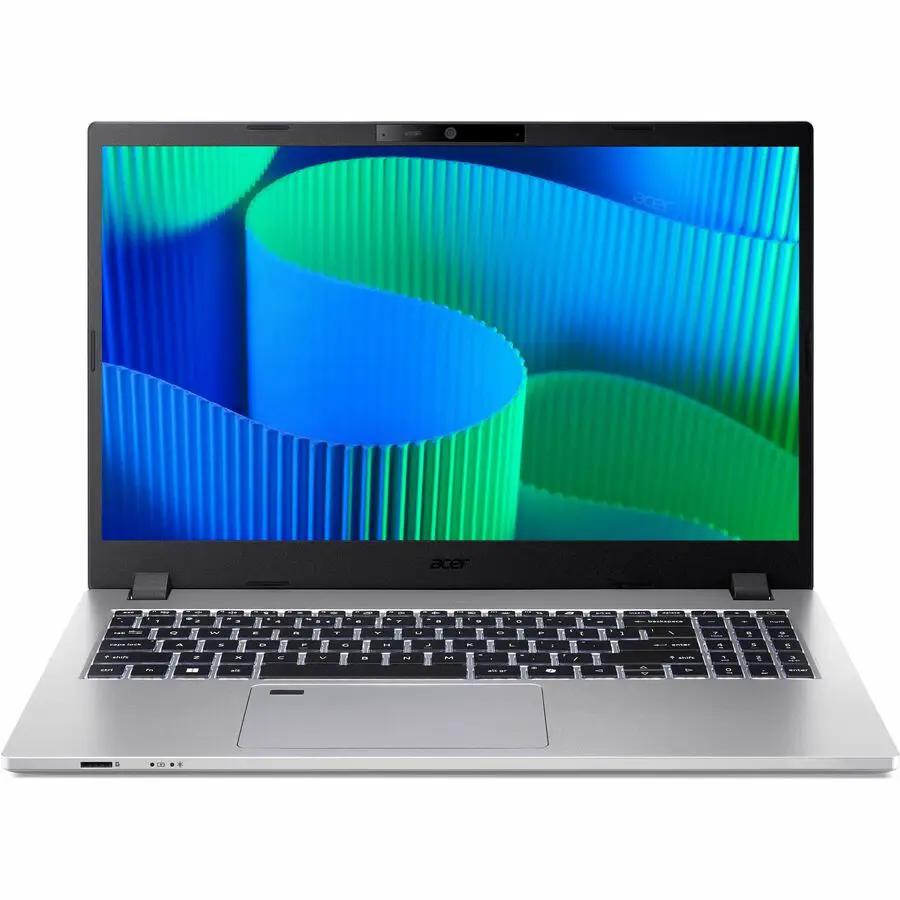 Acer TravelMate P2 notebook, silver, open on white background.