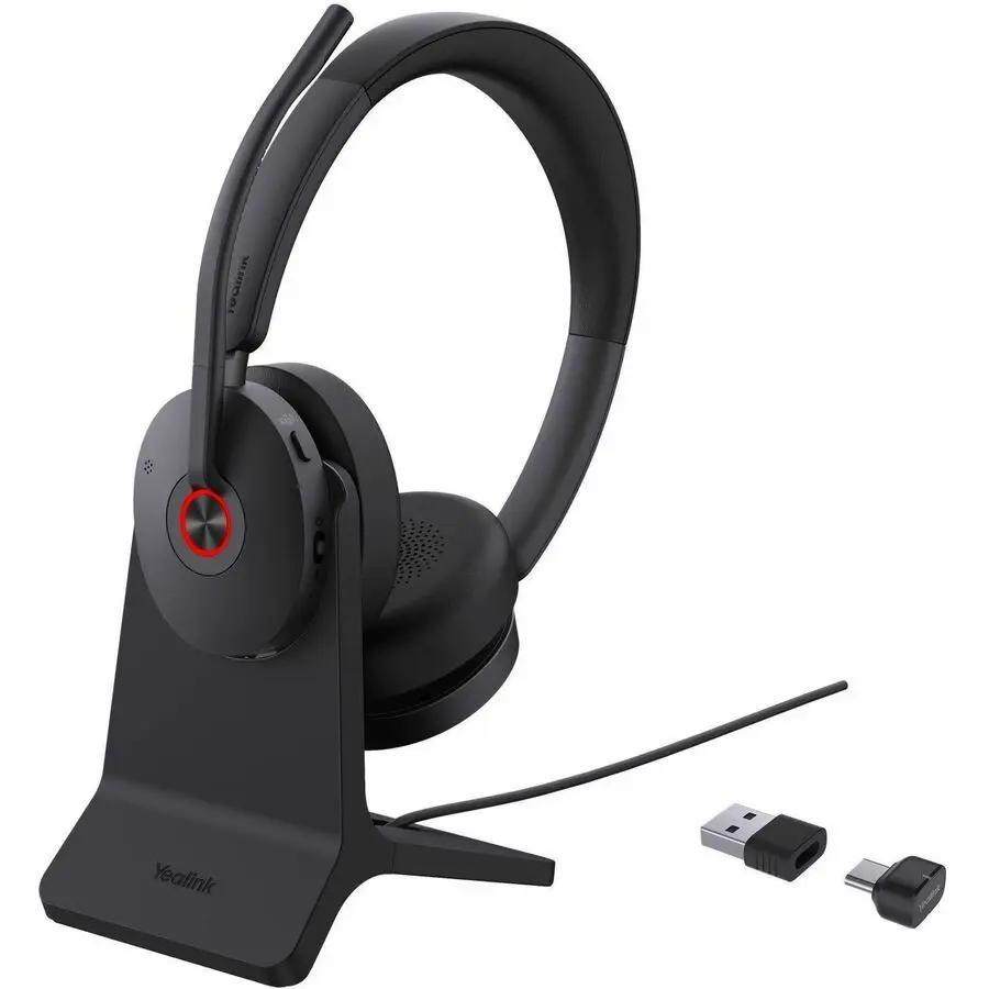 Yealink BH74 Teams USB-C headset with stand, black; includes USB adapters.