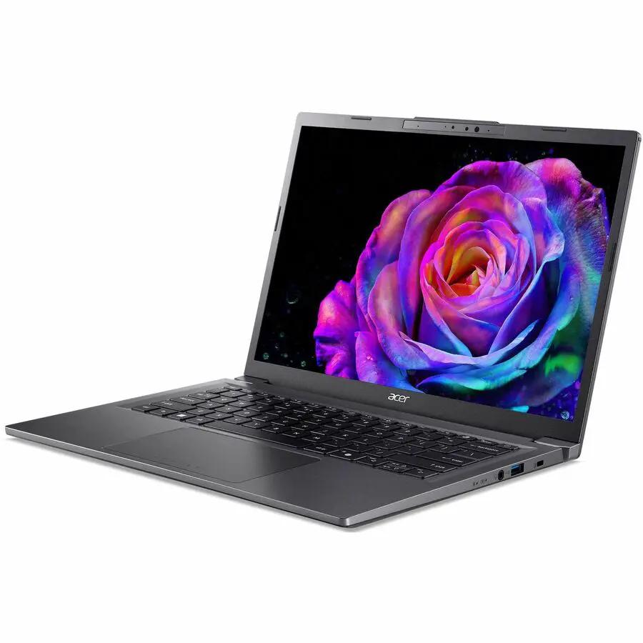 Acer Aspire 14 notebook in gray with a 14-inch display, open to a colorful rose wallpaper