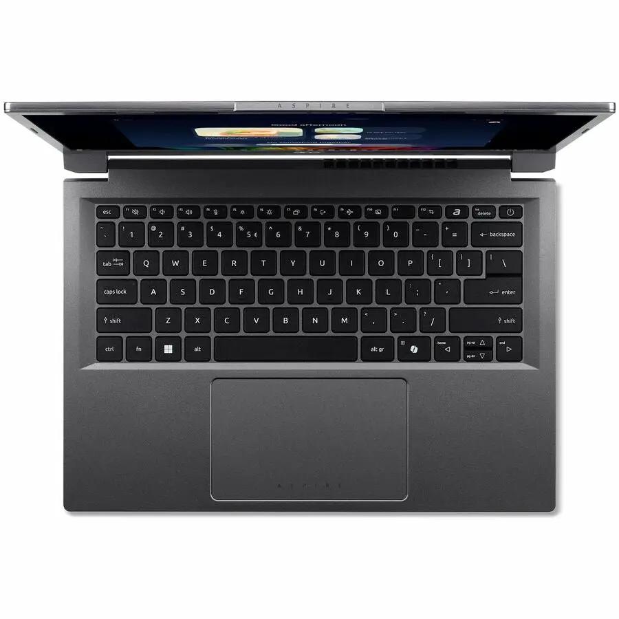 Acer Aspire 14 notebook top-down view, charcoal gray with full keyboard and large touchpad