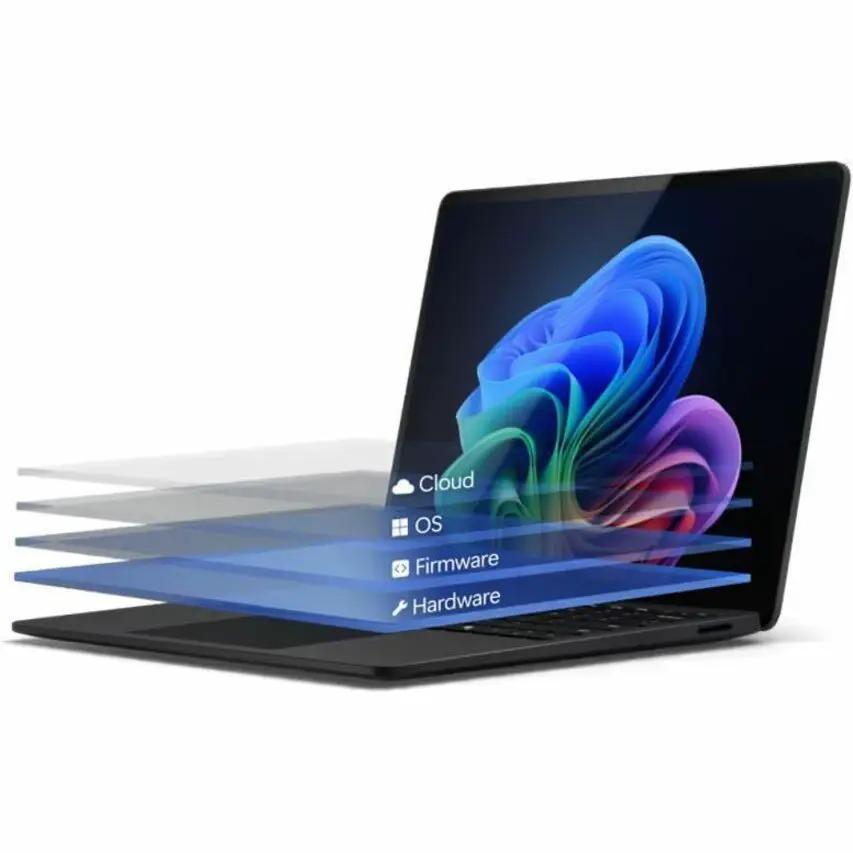 Microsoft Surface Laptop 7 black laptop, open with blue layered graphics labeled Cloud, OS, Firmware, Hardware