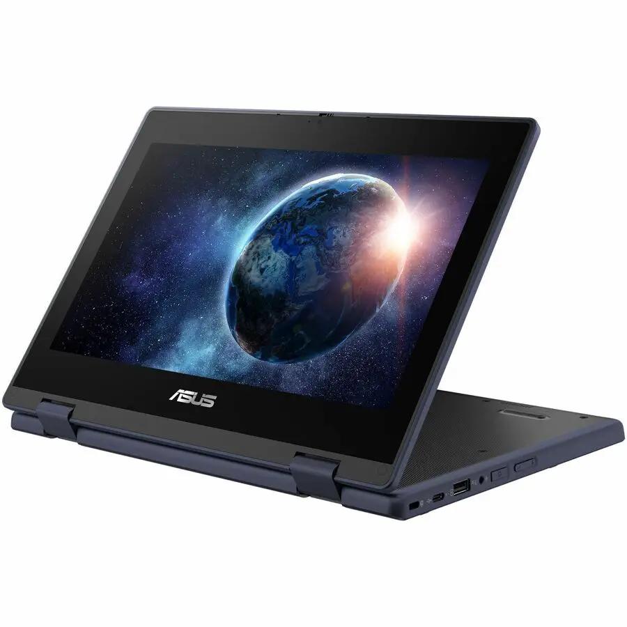 ASUS BR1104F rugged 2-in-1 laptop in blue, 11.6-inch touchscreen, shown in tent mode.