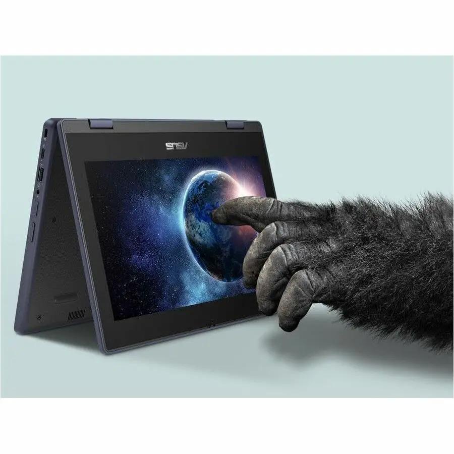 ASUS BR1104F rugged 2-in-1 laptop in tent mode, 11.6-inch touchscreen, mineral gray.