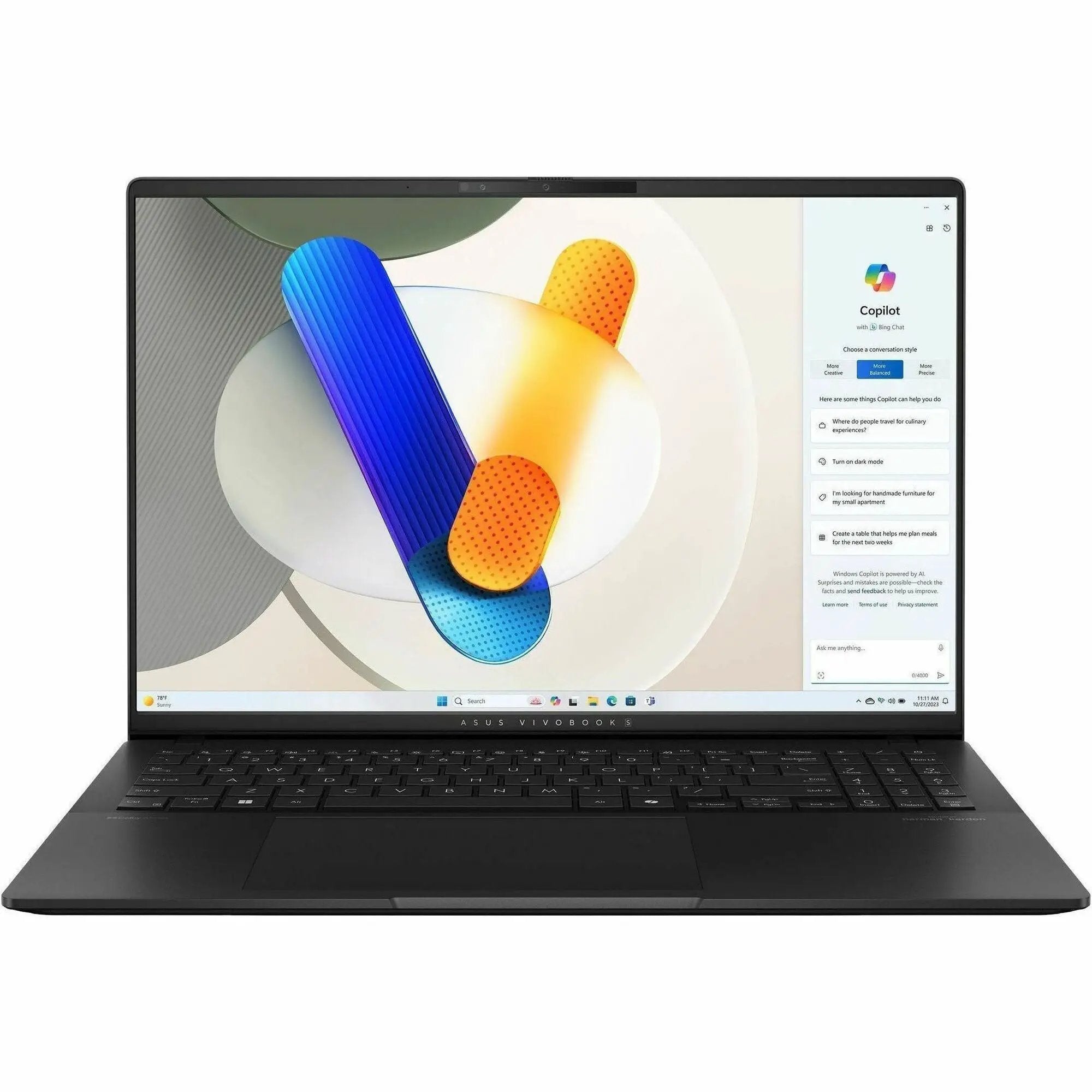ASUS Vivobook S 16 laptop, black chassis, 16-inch display with Copilot UI visible