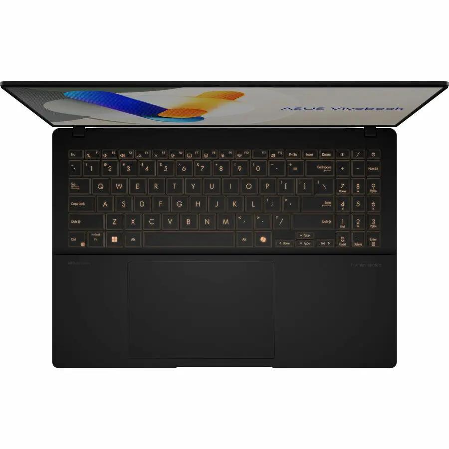 ASUS Vivobook S 16 laptop, 16-inch display, black chassis with amber backlit keyboard, top-down view.
